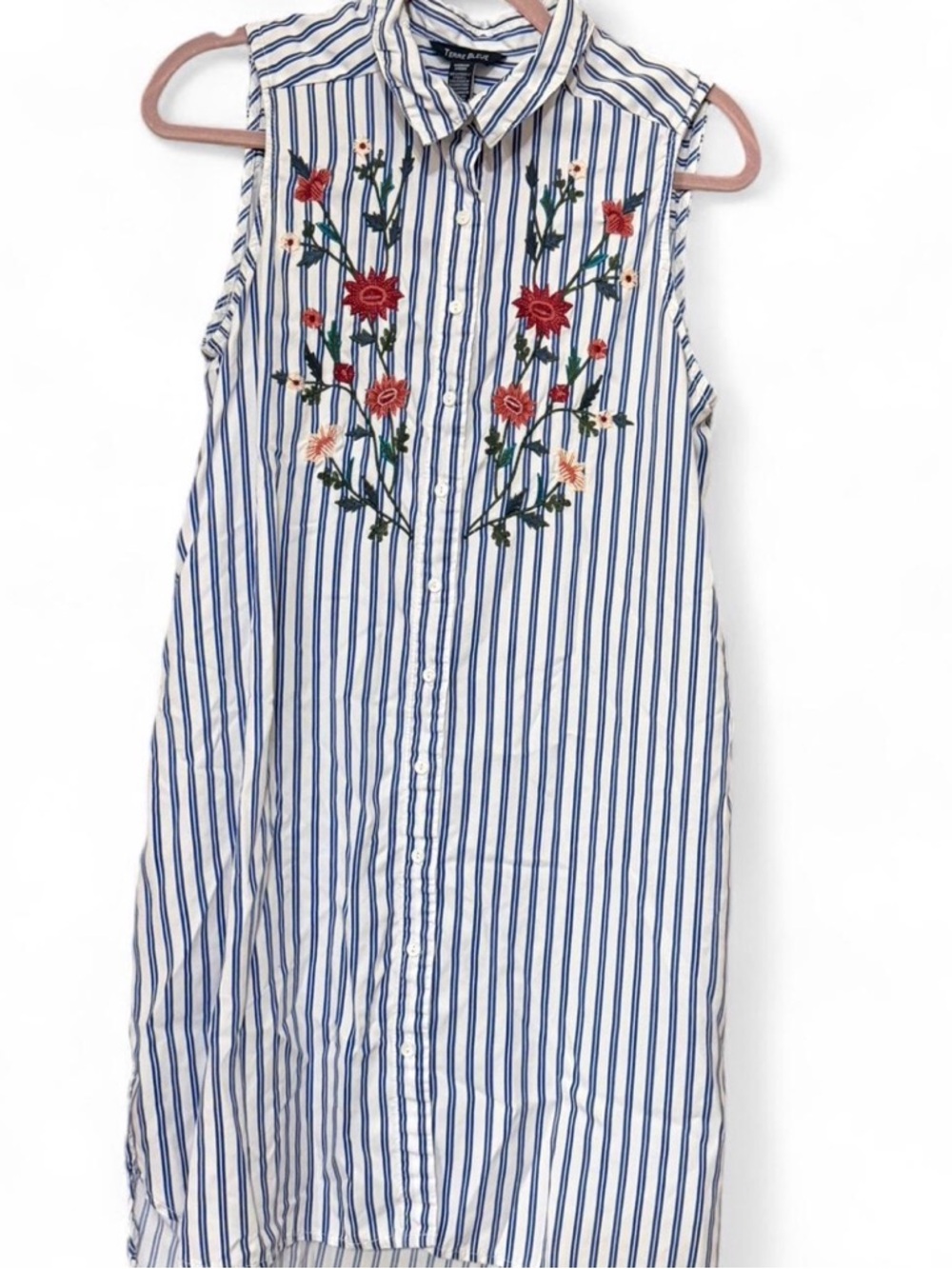 Sleeveless Blue Stripe Embroidered Shirt Dress - medium